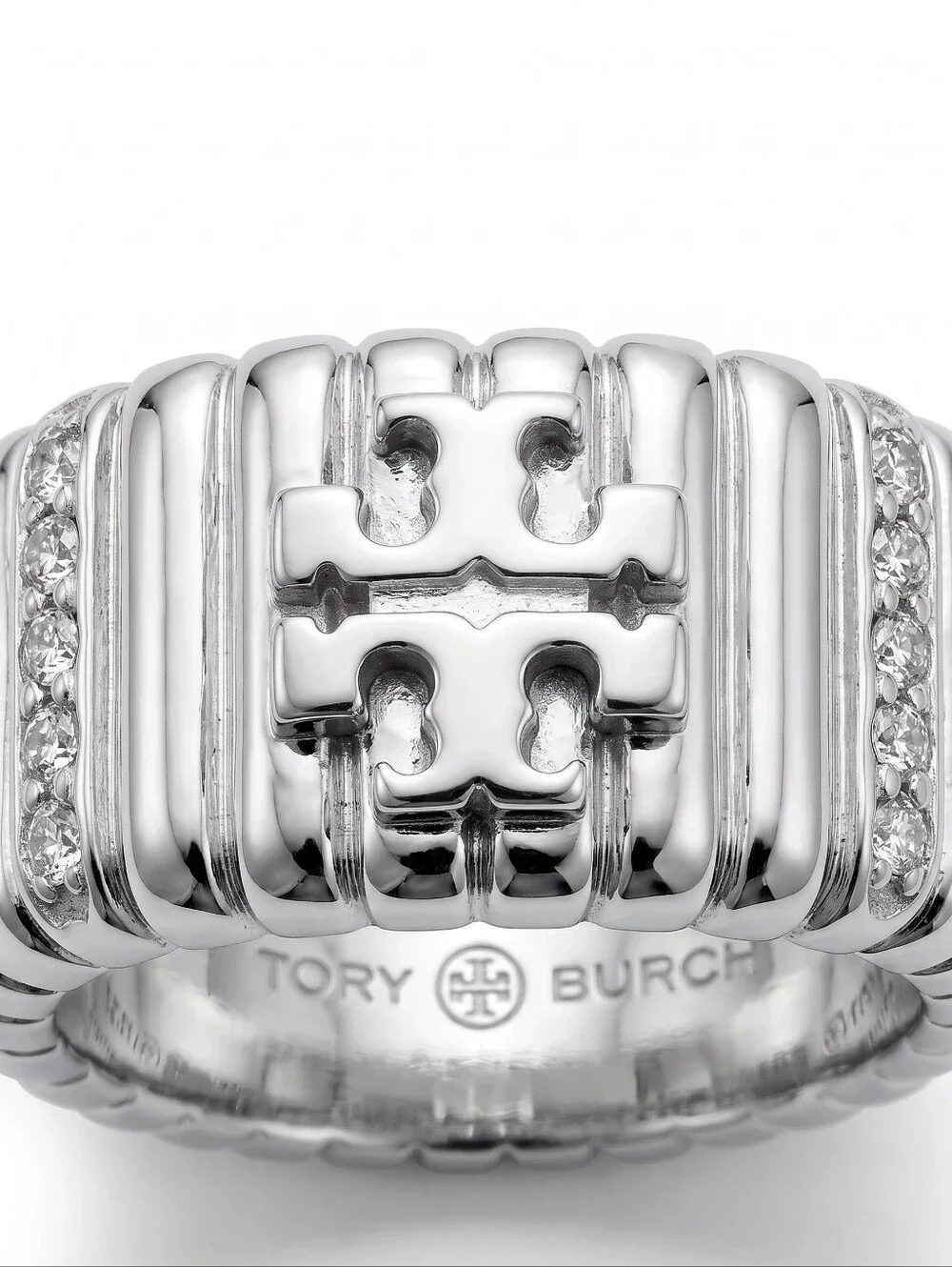 Tory Burch Crystal Textured Pavé Logo Ring - Gold or Silver